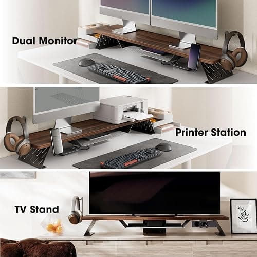 Fenge Dual Monitor Stand, Wooden Desk Shelf with Headphone & Phone Holder | 42.5" Monitor Riser with Storage Shelf, 2-Tier Monitor Shelf with Metal Leg for Home Office Organizer, Brown thumbnail 8