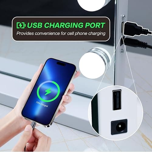 NUSVAN Vanity Mirror with Lights Lighted Makeup Mirror with 15 Dimmable LED Bulbs,3 Color Lighting Modes,USB Charging Port Touch Control,Sturdy Metal Frame Design 24x18 Inch,White thumbnail 4