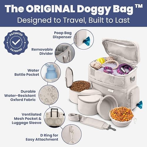 The Original Doggy Bag™- Dog Travel Bag for Supplies - Ultimate Gift for Dog Moms & Dads, Doggy Lovers & Pet Owners for Christmas- Includes 2 BPA-Free Travel Bowls and 2 Food Containers: Beige thumbnail 3