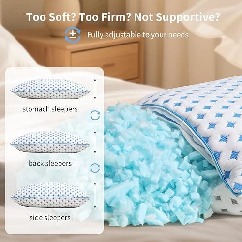 LOVELYREST Queen Pillow 1 Pack, Cooling Shredded Memory Foam Pillow | Adjustable Loft, Balanced Support, Medium Firm Feel, Side Back Stomach Sleepers, Washable Cover, Airflow Design, Easy Care thumbnail 6