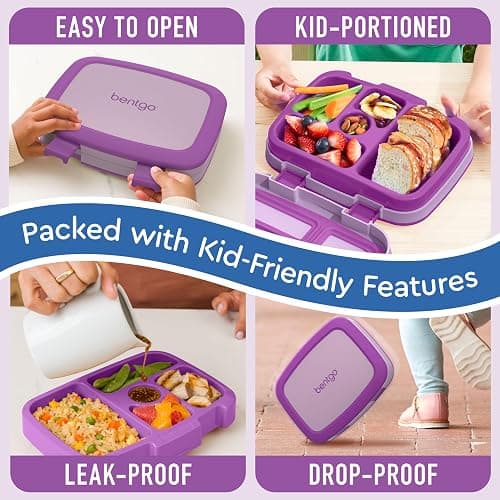 Bentgo Kids Bento-Style 5-Compartment Leak-Proof Lunch Box - Ideal Portion Sizes for Ages 3 to 7 - Durable, Drop-Proof, Dishwasher Safe, PFAS & BPA-Free & Made with Food-Safe Materials (Purple) thumbnail 5