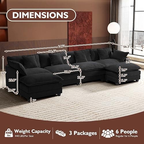 Ihanherry U-Shaped Modern Sofa 146" Modular Sectional Cloud Couch with 2 Ottoman, 6-Seat Chenille Deep Seat Sofa with 6 Pillows for Living Room, Black thumbnail 2