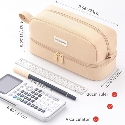 ANGOOBABY Big Capacity Large Pencil Case Canvas Pen Pouch Bag with 2 Compartments for Girls Boys Teen School Students Adults - Khaki thumbnail 4