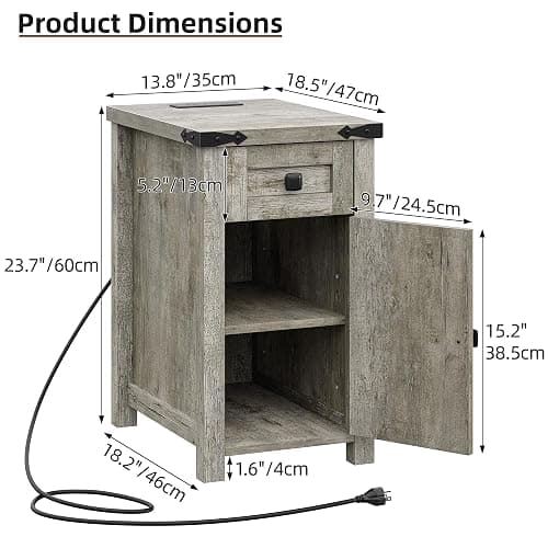 Furnihold Farmhouse Nightstand Set of 2, 13.8''W Rustic Wood End Table with Charging Station, Narrow Side Table with Storage Drawer for Living Room Bedroom, Oak Grey thumbnail 2