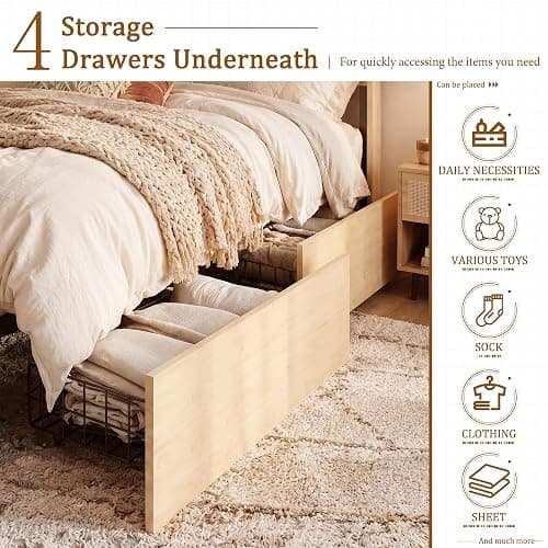 Brafab Natural Rattan Queen Bed Frame with Wooden Headboard and 4 Storage Drawers, Boho Cane Bed Metal Platform Bed with Strong Wooden Slat, Noise Free, No Box Spring Needed thumbnail 6