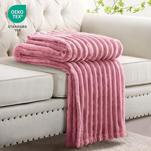 RUIKASI Fleece Throw Blanket for Sofa - Single Fluffy Pink Throws for Sofas Large, Soft Warm Blanket Throw for Couch, Luxury Decorative Ribbed Bed Blanket 130x150cm thumbnail 4