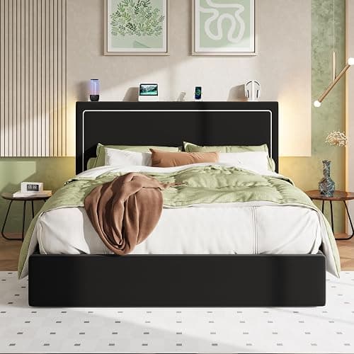 Allewie Full Lift Up Storage Bed Frame with Charging Station, Black | Enclosed Storage, USB & Type-C Charging, Smart LED Lights, Hydraulic Lift, Adjustable Headboard, Velvet Upholstery thumbnail 7