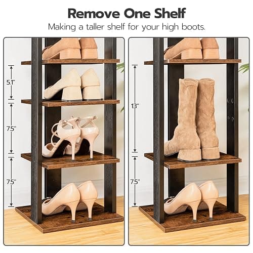 HOOBRO 8 Tiers Vertical Shoe Rack, Wooden Shoe Storage Organizer with Hooks, Narrow Shoe Tower for 8 Pairs, Space Saving, for Entryway, Living Room, Bedroom, Rustic Brown BF07XJ01G1 thumbnail 3