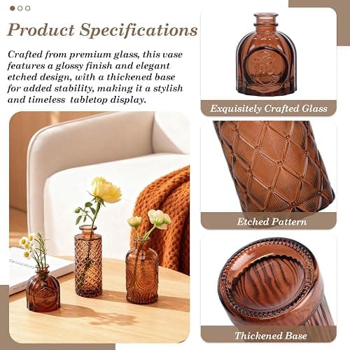 TBWIND 12-Piece Glass Bud Vase Set – Small Caramel Coffee Brown | Etched Glass Vases with Unique Shapes and Weighted Base for Windowsills, Bathrooms, and Table Centerpiece Décor thumbnail 6
