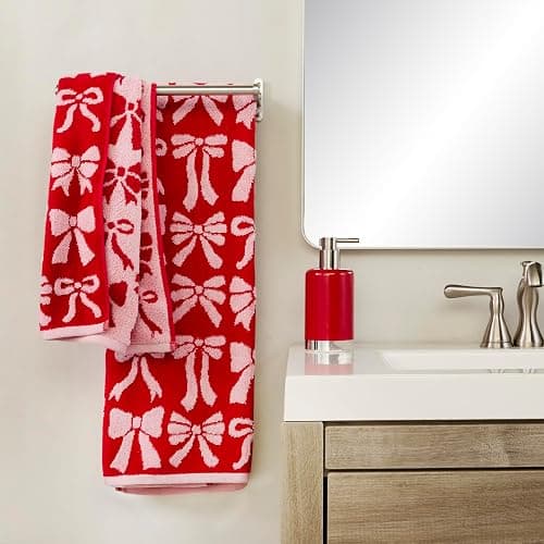 SKL Home Bow Jacquard 100% Cotton Premium 2-Piece Hand Towel Set, 500 GSM, Reversible, Soft & Absorbent, Everyday/Christmas/Winter/Valentine's, Decorative for Bath/Kitchen/Bar, Red/Pink thumbnail 5