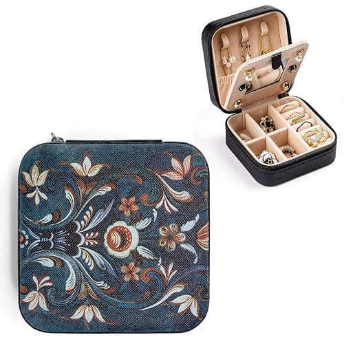 Artinhand Norwegian Rosemaling Folk Style Small Travel Jewelry Case with Mirror Portable Black PU Leather Box Earrings Necklaces Rings Bracelets Storage Organizer Gift for Women And Girls - Image 1
