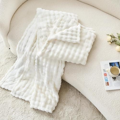 3D Bubble Plush Blanket Textured Fleece Throw Soft Warm Cozy Blanket Couch Bed Throw Snow White 50x60 Inches thumbnail 5