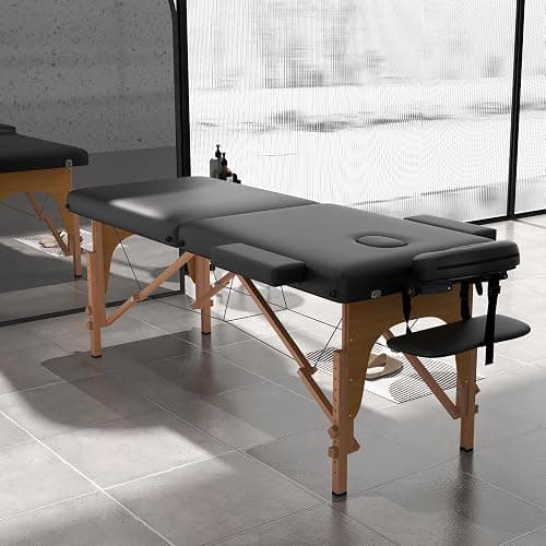 HENGJIANYI Massage Table, Portable 2 Section Foldable Tattoo Bed, Height Adjustable Lash Spa Bed with Face Cradle, Home Light Weight Facial Salon Bed with Wood Frame, Black thumbnail 2