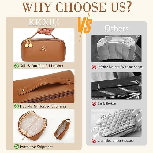 KKXIU Initial Makeup Bag for Women - Personalized Makeup Bag Gifts for Women, Travel Toiletry Bag with PU Leather, Open Flat Design with Top Handle, Cosmetic Bag Set with Multi-Pocket (Brown,E) thumbnail 7