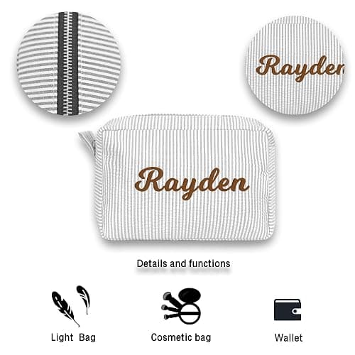 MT WORLD Personalized Makeup Bag Cute Cotton Cosmetic Bag for Women Seersucker Bridesmaid Travel Makeup Bag for Girls Aesthetic Toiletry Bag Organizer Storage Pouch (Grey) thumbnail 4