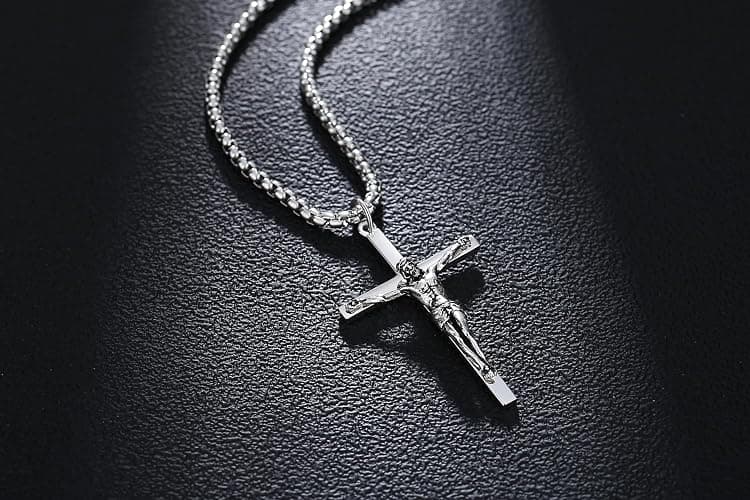 FANCIME Crucifix Cross Necklace Polished Crucifix Necklace Sterling Silver Fine Jewelry Gifts for Him Men, Strong Stainless Steel Box Chain Length 24 Inch thumbnail 7