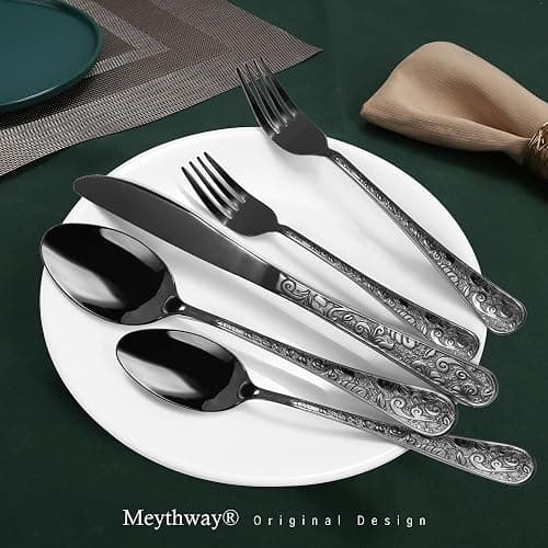 Meythway 40-Piece Vintage Carved Black Silverware Set for 8, Stainless Steel Flatware Set with Knife/Fork/Spoon, Cutlery Set for Home and Kitchen, Utensil Set with Dishwasher Safe thumbnail 2