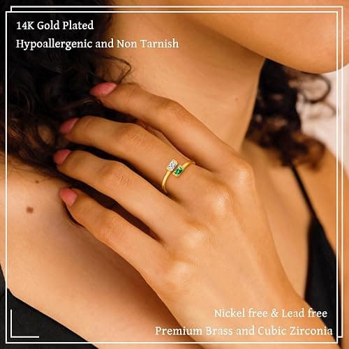 Honsny Gold Birthstone Rings for Women Non Tarnish 14K Gold Plated Adjustable Emerald Ring Cubic Zirconia Gemstone Promise Ring for Her Engagement Personalized Waterproof Jewelry Gifts for Birthday thumbnail 2