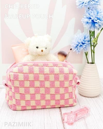 PAZIMIIK Checkered Makeup Bag for Purse Portable Zipper Make Up Pouch Small Cosmetic Case for Travel Accessories Pink Beige thumbnail 3