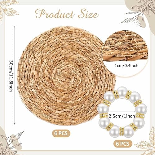Gandeer 6 Sets Boho Placemats, Including 12 Inch Round Woven Rattan Placemats, Rectangle Burlap Boho Table Mats, Pearl Napkin Rings, Handmade Farmhouse Table Chargers for Home Wedding Party Decoration thumbnail 3