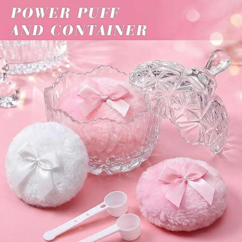 5 Pcs Large Powder Puff and Container with Spoon, Dusting Powder Container with Puff, Washable Reusable Velour for Body Powder Glitter Bathroom Vanity, Crystal thumbnail 4