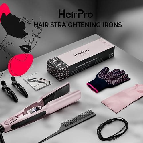 HeirPro Ceramic Flat Iron Hair Straightener with 3D Floating Plate,Hair Iron Straightener with 15 Temps for Thick Hair | Ergonomic Silicone Handle | LCD Display | Dual Voltage (Light Pink) thumbnail 6