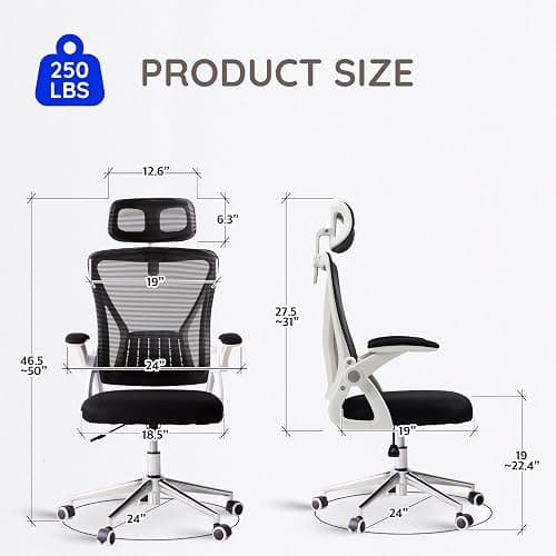 Livinia Ergonomic Mesh Office Desk Chair with Lumbar Support, Head Rest, Flip-up Armrests, Wheel Casters, Adjustable Tilt and Height Swivel Computer Chair for Home Office (White) - White thumbnail 2