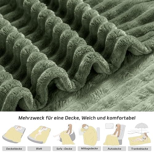 Kuscheldecke 200x230 Olivgrün Sofadecke, Weiche Flauschige und Wärme - Flanell Fleecedecke Kuscheldecke Decke Wohndecken Bettüberwurf Streifen Couchdecke thumbnail 3