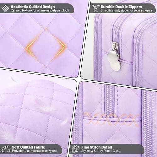 Kcjdd Cute Pencil Case for School, Soft Quilted Pencil Pouch Organizer with 3 Compartments, Large Double Zipper Pencil Bag for Teen Girls, Boys & Women (Beige) thumbnail 7