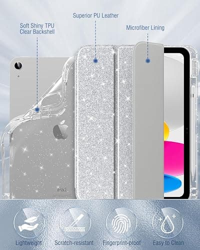 MoKo Glitter Case for iPad (A16) 11th/10th Gen 2025/2022, Glitter Silver | Trifold Stand Folio Case Sparkly Glitter Smart Cover with Pencil Holder Auto Wake/Sleep Soft Flexible TPU bling Cover thumbnail 4