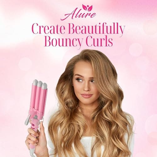 Alure Three Barrel Curling Iron Wand Hair Waver with LCD Temperature Display - 1 Inch Ceramic Tourmaline Triple Barrels, Dual Voltage Crimp (White/Pink) thumbnail 7