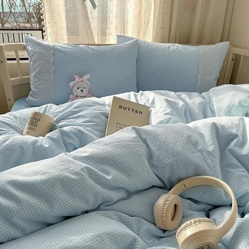 mixinni Blue Gingham Duvet Cover Full Size - 3 Piece Cottagecore Plaid Bedding Set with Lace Trim, Soft Washed Microfiber Vintage Aesthetic Grid Comforter Cover & Pillow Shams, (Blue White Gingham) thumbnail 6