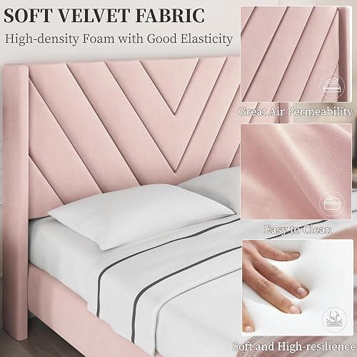 Yaheetech Queen Bed Frame Upholstered Platform Bed with Wing Side/Wooden Slat Support/Tufted Headboard with Wing Side/Mattress Foundation/No Box Spring Needed,Pink Queen Bed thumbnail 6