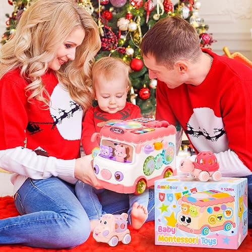 AmiDear Baby Gift for 1-2 Year Old Girl, 10-in-1 Montessori Toys Bus for Baby 6-12-18 Months+, Educational Musical Sensory Learning Toddler Toys Age 1-2, First Christmas and Birthday Gifts Pink thumbnail 2