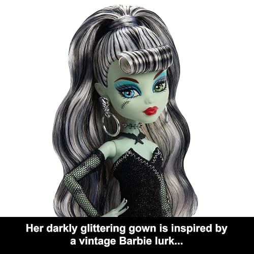 Monster High x Barbie Frankie Stein Doll with Original Barbie-Inspired Swimsuit and Solo in the Spotlight Black Evening Dress, Accessories thumbnail 3