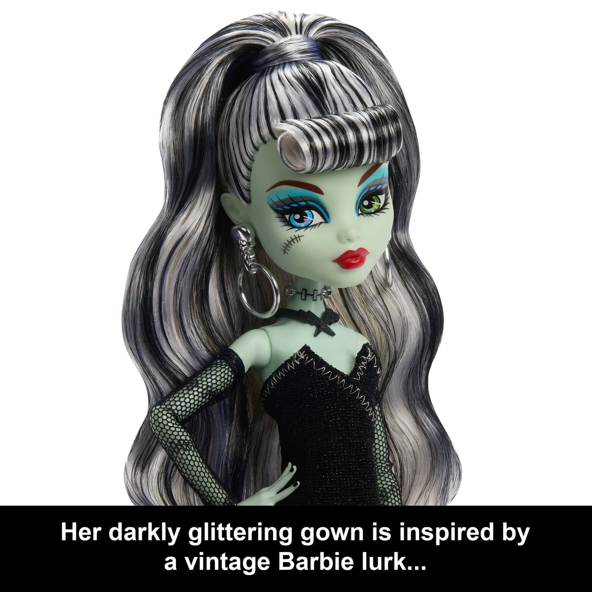 Monster High x Barbie Frankie Stein Doll with Original Barbie-Inspired Swimsuit and Solo in The Spotlight Black Evening Dress, Accessories thumbnail 3