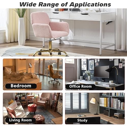 KCC Faux Fur Vanity Makeup Desk Chair, Comfy Fluffy Swivel Modern Leisure Armchair with Wheels, Upholstered Fuzzy Height Adjustable for Teens Women Girls Elegant Home Office, Pink thumbnail 8