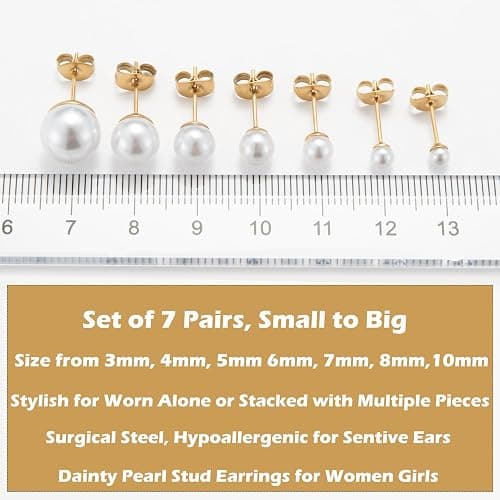 14K Gold Filled Polished Small CZ Pearl Ball Stud Earrings Set for Women Men 20G Surgical Steel Hypoallergenic Piercing Studs for Sensitive Ear, Pack of 6 Pairs thumbnail 2