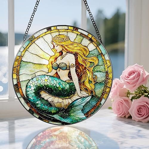 Stained Glass Window Hanging, 8 Inch Mermaid Suncatcher Stained Glass Ornament, Suncatchers for Windows Hanging, Sun Catchers Indoor Window, Mermaid Gifts, Gifts for Friends, Housewarming Gift thumbnail 5