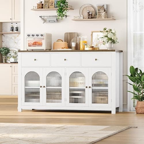 FINETONES Buffet Cabinet with Storage, 55.1" Large Sideboard Buffet Cabinet, Farmhouse Kitchen Cabinets with 3 Drawers and 4 Doors, Wood Coffee Bar for Kitchen Dining Room thumbnail 5