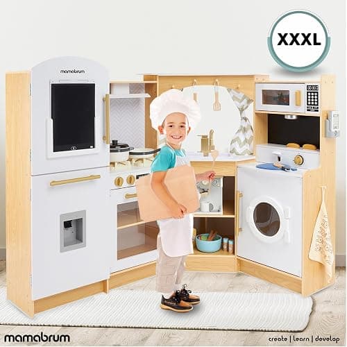 Mamabrum Cuisine en Bois pour Enfants 3+, Cuisinière à Jouets Interactive XXXL avec Éclairage LED, Cafetière et Accessoires - Pots, Ensemble Légumes et Fruits - Jusqu'à 50 Pièces thumbnail 2