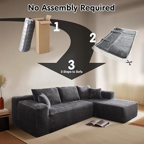 ovios 104" Cloud Sectional Couch with L-Shape Chaise,Modern Modular Sofa with Deep Seat, Upholstered Couches for Living Room Bedroom,No Assembly Required, Grey (Plush Corduroy Fabric) thumbnail 5
