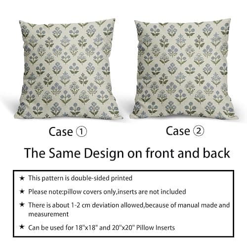 Sivirary Blue Green Block Print Pillow Covers 18x18 Inch Set of 2, Vintage Floral Spring Decorative Throw Pillow Cases Boho Cushion Covers Rustic Decoration Gift Farmhouse Sofa Couch Bed Decor thumbnail 6
