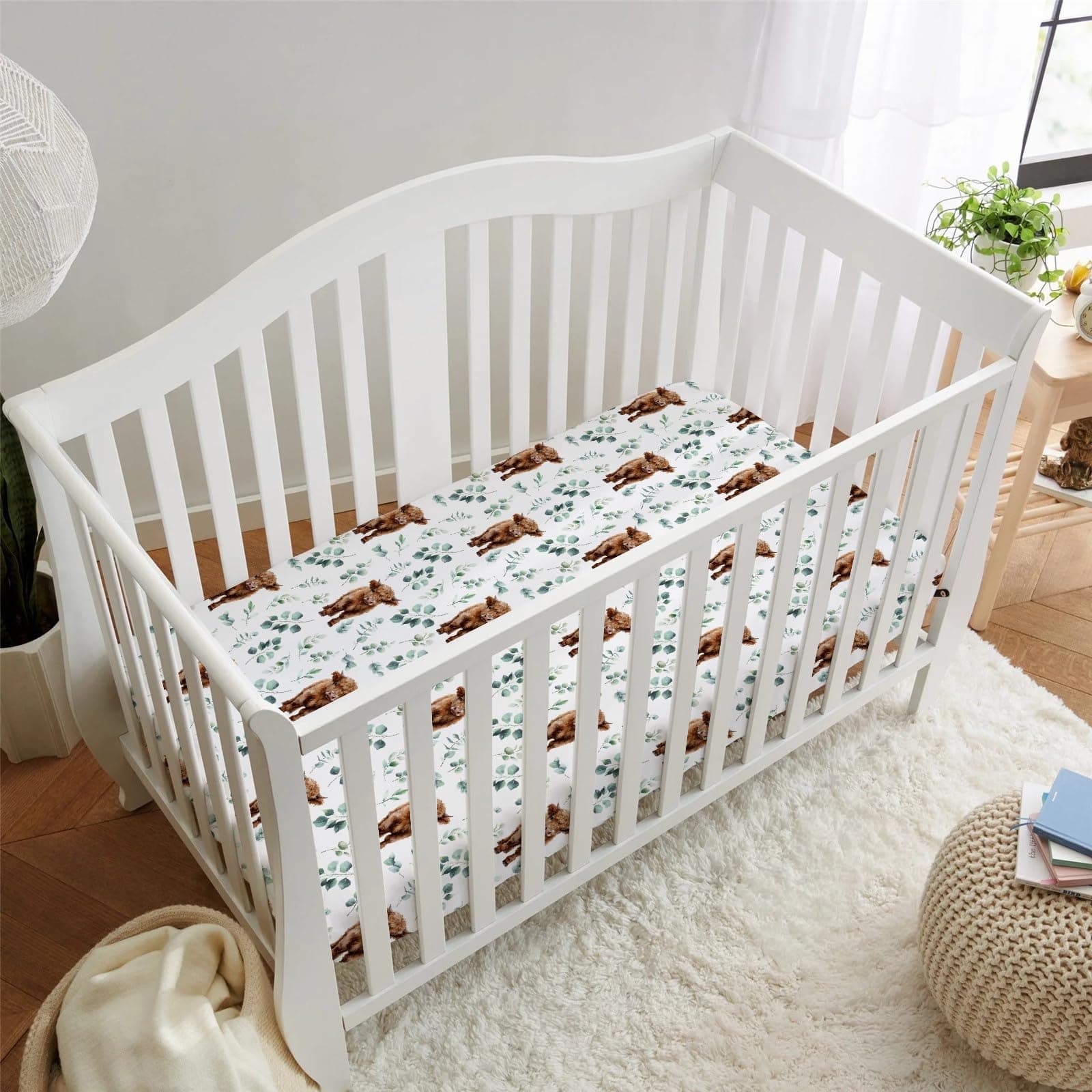 HawSkgFub Highland Cow Eucalyptus Leaf Fitted Standard Crib Sheet for Baby Boy Girl, Neutral Western Farm Animal Yak Toddler Mattress Cover, Soft Stretchy Nursery Bed Sheets Decor Kids Gift 52" x 28" thumbnail 6