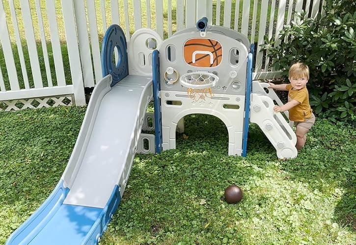 XJD 8 in 1 Toddler Slide Set, Kids Slide for Toddlers Age 1+, Toddler Climber Slide PlaySet with Basketball Hoop and Ball,Outdoor Indoor Playground for Toddlers 1-3 (Blue Gley, 8 in 1) thumbnail 6