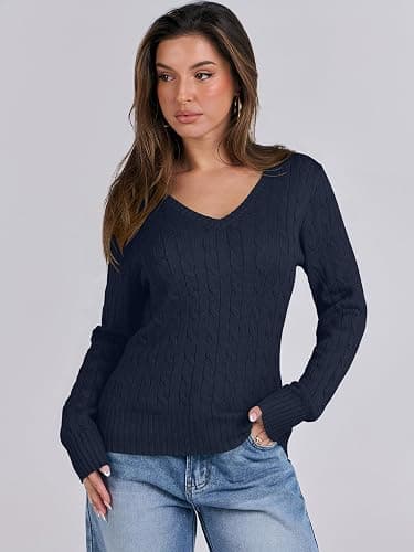 ANRABESS Womens Long Sleeve Cable Knit Sweater 2025 Fall Fashion V Neck Fitted Pullover Top Business Casual Work Fall Outfits thumbnail 2