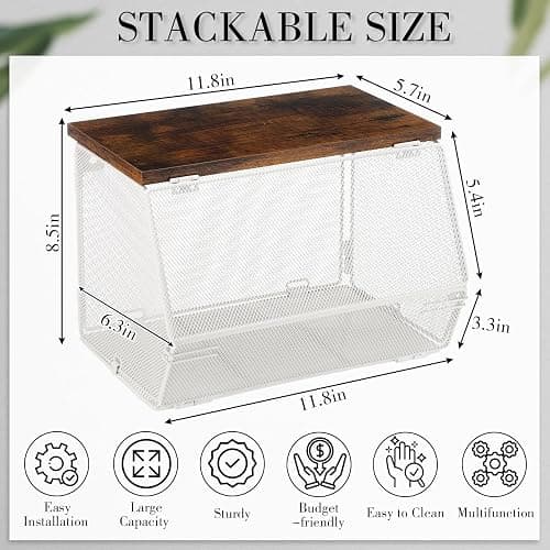 Teenyyou 2 Pcs Stackable Mesh Fruit Basket with Lid Wall Produce Vegetable Storage Basket Onion Potato Snack Hanging Metal Wire Container for Kitchen Counter Pantry(Non-removable,White,7.1"w & 11.8"l) thumbnail 3