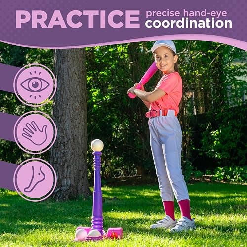 TOMLEON T Ball Stand for Girls 3-5, 5-8. Baseball Set Includes 6 Large Balls, an Adjustable Tball Batting Tee, and a Storage Net. Kids Bat and Ball, T-Ball Sets for Kids thumbnail 4