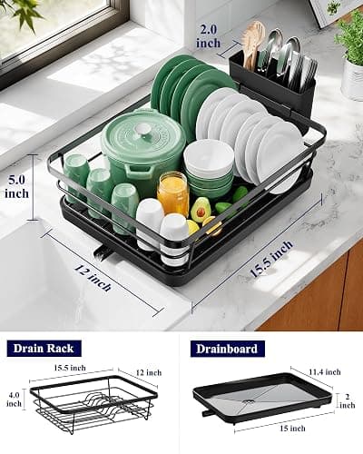 Kitsure Dish Drying Rack for Kitchen Counter, Stainless Steel Sink Organization and Storage Essentials with Cutlery Holder, Home and Appartment Decor, 12''W x 15.5''L, Black thumbnail 2