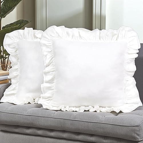 Lemfux White European Pillow Shams 18x18 Inch 100% Cotton, Set of 2, Decorative Euro Sham Covers with Ruffled French Country Style White Euro Sham Covers - Image 1
